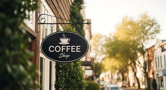 Hanging Coffee Shop Signage Outside a Small Town Cafe in a Warm Sunny Setting