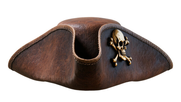 Brown leather pirate hat with skull and crossbones emblem