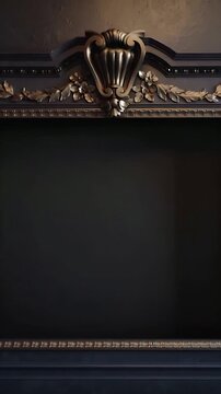 Vertical video: Upward tilt sending camera showing gilded urn, dark panel, revealing detail in hall