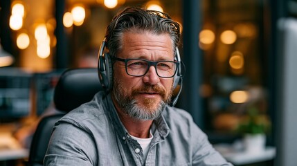 Fototapeta premium A middle-aged man wearing a headset and glasses in a modern office setting