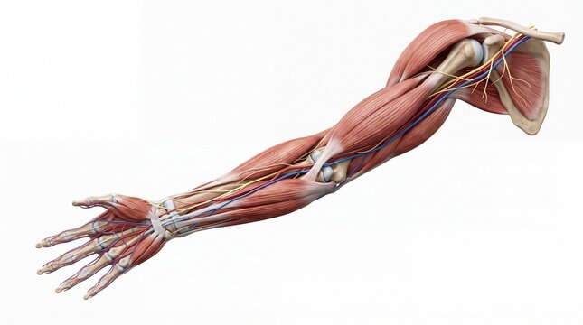 Arm anatomy illustration showing detailed muscle, nerve, and blood vessel structure, highlighting upper limb anatomy for medical and educational use