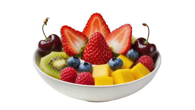Fresh fruit salad in white bowl with strawberries blueberries raspberries kiwi mango, and cherries