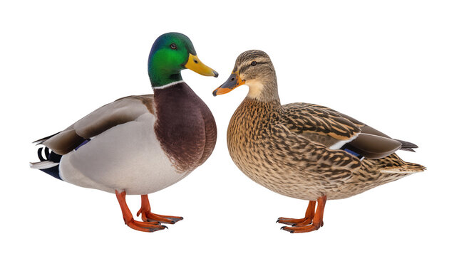 Male and female mallard ducks standing side by side