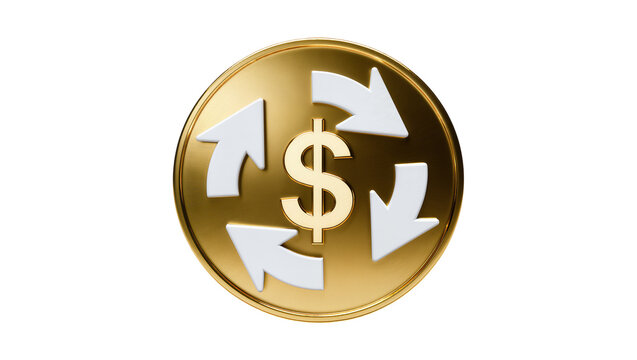 Gold coin with dollar sign and white arrows in circular motion