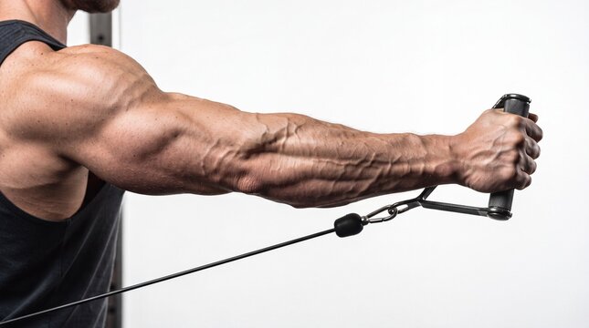 Muscular arm strong forearm visible vein male fitness gym cable exercise strength training workout healthy lifestyle close up determination