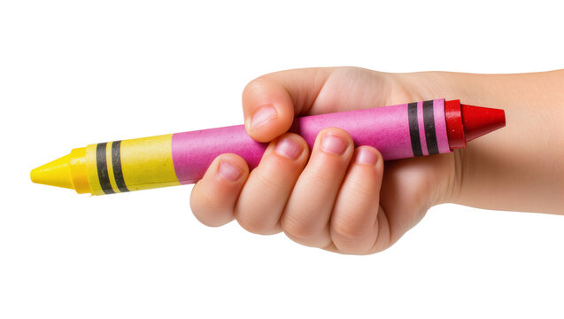 Child hand holding a multi-colored crayon