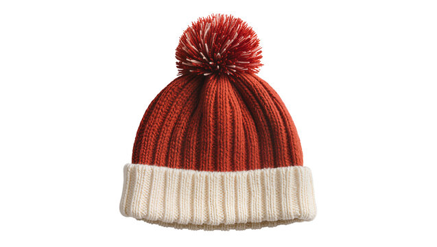 Orange knitted beanie with white cuff and pompom