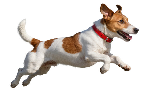 Jack Russell Terrier dog jumping with red collar
