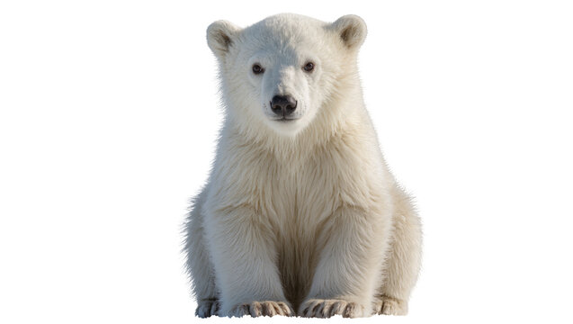 Polar bear cub sitting front view white fur, dark eyes and nose