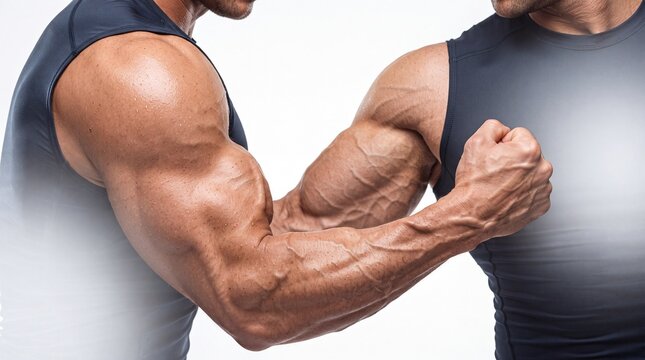 Muscular arm strong bicep defined tricep athletic male fitness vascular flexing sleeveless shirt healthy lifestyle strength adult close up