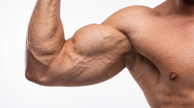 Muscular arm flexing with defined veins, tanned skin, and visible bicep muscle, isolated on white background, showing strength and fitness motivation