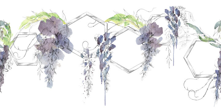 Seamless border of flowering wisteria, robinia vine clusters on geometric wooden hexagon supports. Pencil linework and shading, loose watercolor bleeds. Garden event branding, summer festival stalls