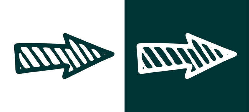 Dark teal blue right pointing hand drawn doodle arrow on a split background. Creative urban stripes textured direction pointer for modern streetwear graphic design.