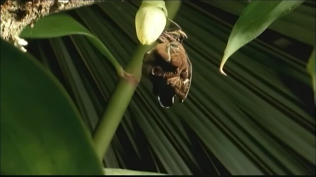 Close-up of a butterfly emerging from its chrysalis on a tropical plant