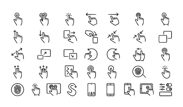 Touch Gestures Outline Icon Set with Editable Stroke Mobile UI and Touchscreen Vector Symbols