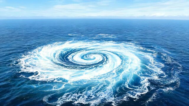 Aerial cyclone formation over vast ocean during daylight with powerful swirling water and white foam