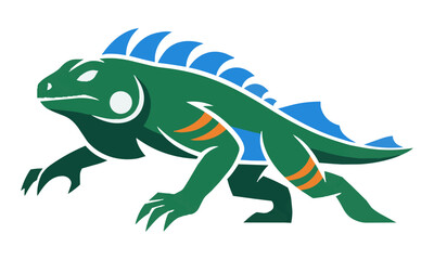 Fototapeta premium Athletic iguana mascot in a dynamic lunging pose with sleek aerodynamic curves and bold flat colors isolated on a white background sports team mascot concept