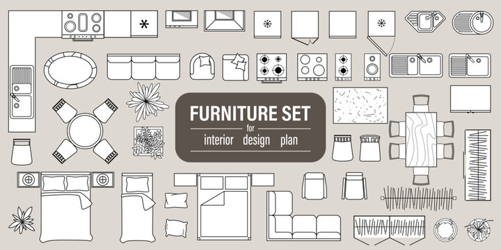 Furniture outline top view. Set of isolated linear icons for interior. Vector Illustration. Objects and elements for apartments living room bedroom kitchen. Bed sofa table. Floor plan blueprint layout