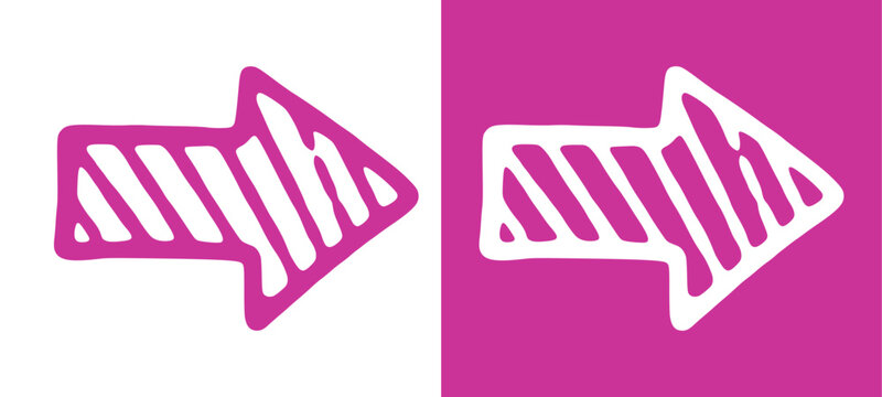 Magenta pink right pointing hand drawn doodle arrow on a split background. Creative urban stripes textured direction pointer for modern streetwear graphic design.