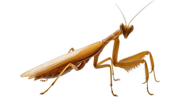 Brown praying mantis insect with long antennae and spiky legs