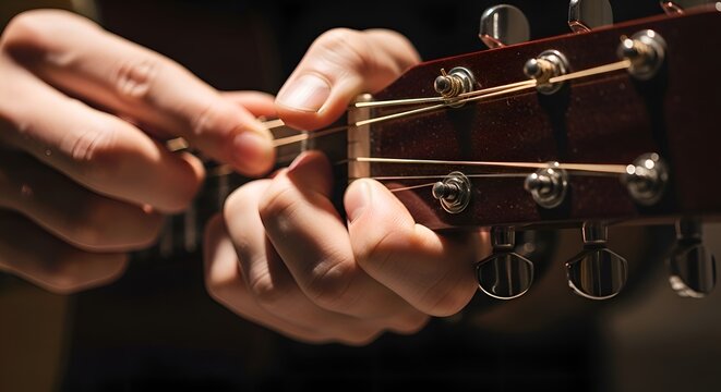 Guitarist's hands tuning strings on acoustic guitar - close-up