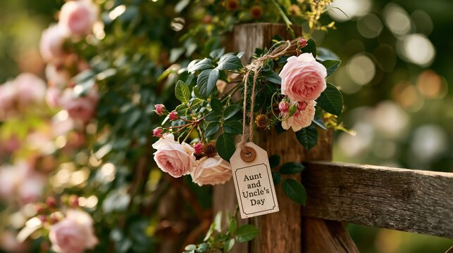Aunt and Uncle&rsquo;s Day: a metal stamped tag banner reading "Aunt and Uncle's Day" hanging from twine on a rustic garden gate, surrounded by climbing roses and soft bokeh background