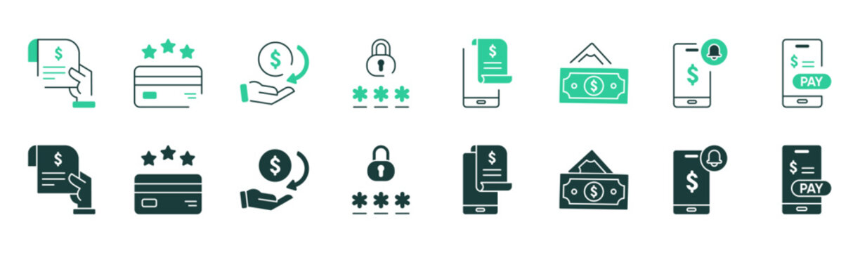 Financial transaction icon pack featuring digital receipt mobile payment cashback reward secure payment symbols vector illustration
