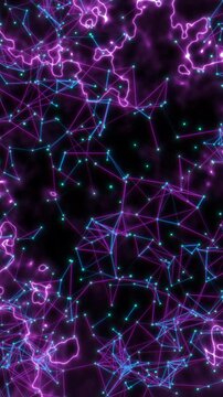Vertical 9:16 futuristic neon cyber network with rotating plexus nodes and transforming digital plasma lines video loop