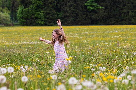 Running through a spring flower meadow in Mondsee Austria