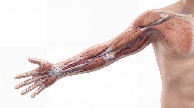 Human arm anatomy with visible muscles tendons veins arteries and bones showing detailed structure of upper limb shoulder and hand in medical illustration