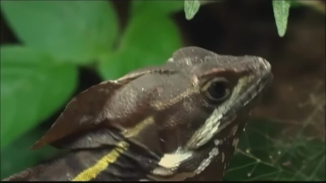 Close-up of a lizard with striking yellow stripes and intricate scales in lush green foliage