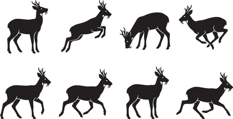 Fototapeta premium Deer silhouettes, black deer icons, wildlife graphics, vector deer set isolated on Transparent Background