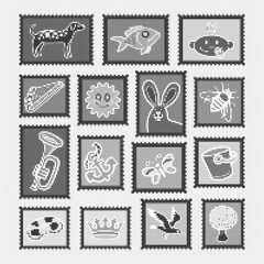Fototapeta premium Set of halftone icons with various objects including animals, musical instruments, and symbols, black and white dotted style, vector illustration