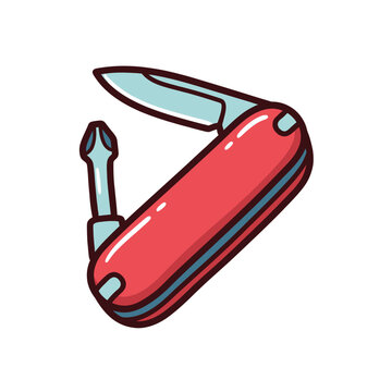 A red multi-tool pocket knife with a blade and screwdriver for utility and outdoor adventures