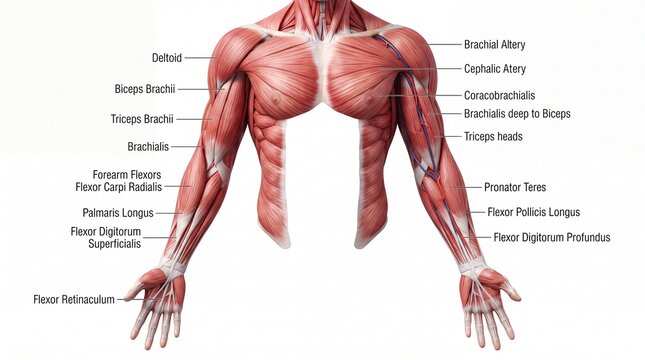 Muscular system upper body showing deltoid biceps brachii triceps brachii brachialis forearm flexors and labeled arteries and nerves anatomical illustration