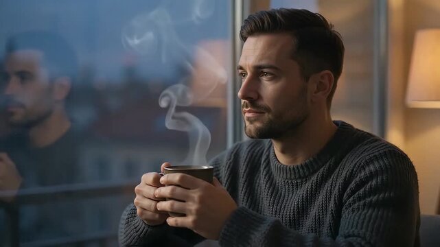 Contemplative Sip: A man holding a steaming mug, gazing thoughtfully out a window, surrounded by a cozy ambiance. Captures a moment of quiet reflection and warmth.