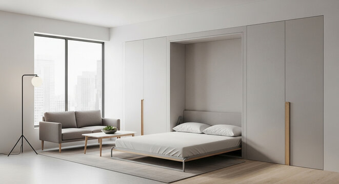 Modern minimalist bedroom with Murphy bed and sofa