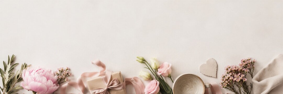 Flat lay composition with pink peony, gift box, coffee cup and heart on light background. Mothers Day banner with ample copy space. Elegant spring greeting card design. banner format