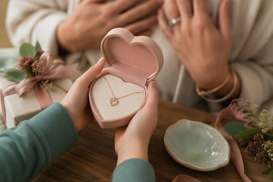 Woman giving heart shaped jewelry box with gold necklace to mother. Surprise gift for Mothers Day celebration. Emotional moment of appreciation