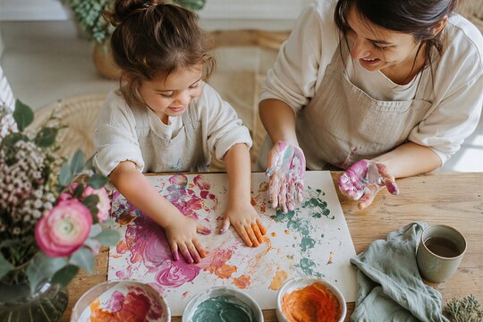 Woman and child using colorful finger paint on paper. Mother and daughter crafting messy hand art. Family bonding and creative play concept for Mothers Day
