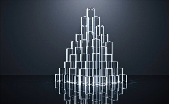 Abstract pyramid of glowing transparent rectangular prisms on dark background