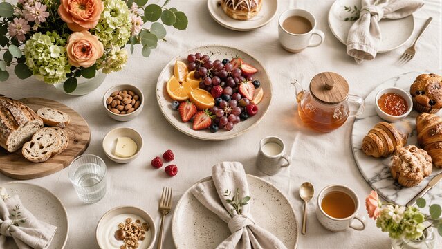 Top view of elegant breakfast table setting with fresh flowers, fruit platter, croissants and pastries. Beautiful brunch concept mothers day celebration gathering
