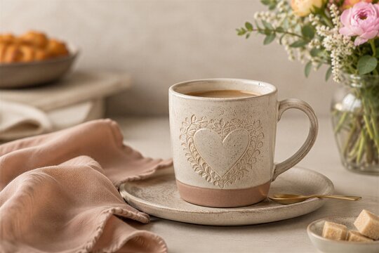 Rustic ceramic heart-embossed mug filled with coffee, cozy morning scene with flowers and sugar cubes