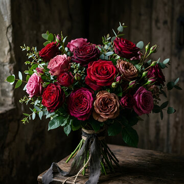 Vibrant red roses and white babys breath bouquet.