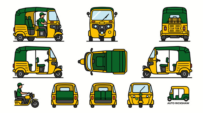 Comprehensive illustration set of auto-rickshaw vehicles from multiple perspectives, showcasing front, back, side, and top views for urban transport and travel concepts