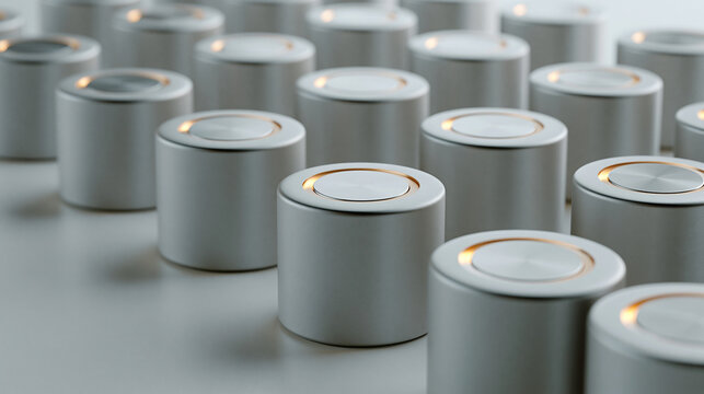 Rows of cylindrical solid-state battery cells arranged in a geometric grid on a sterile white surface, cross-section detail revealing layered lithium chemistry, glowing amber at