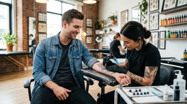 Professional Tattoo Artist Creating New Arm Tattoo for Smiling Male Client in Modern Tattoo Studio