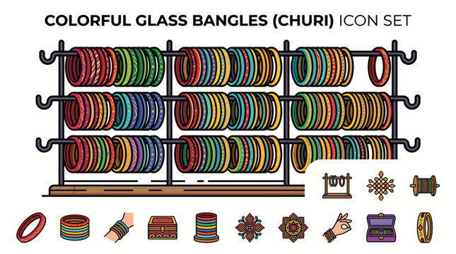 Indian traditional glass bangles icon set with colorful churi bracelets on display stand