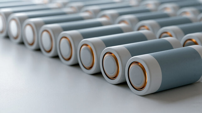 Rows of cylindrical solid-state battery cells arranged in a geometric grid on a sterile white surface, cross-section detail revealing layered lithium chemistry, glowing amber at