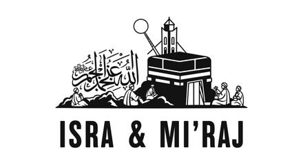 Obraz premium Islamic illustration of Isra and Miraj event with Kaaba and calligraphy.